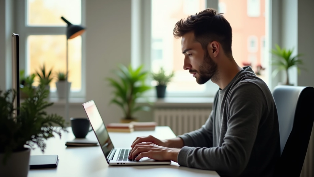 Personne en train de créer du contenu sur un ordinateur portable dans un environnement de travail lumineux