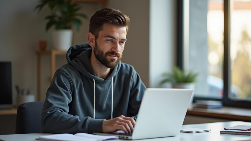 Créateur travaillant sur son ordinateur avec un produit numérique affiché, interface Gumroad en arrière-plan