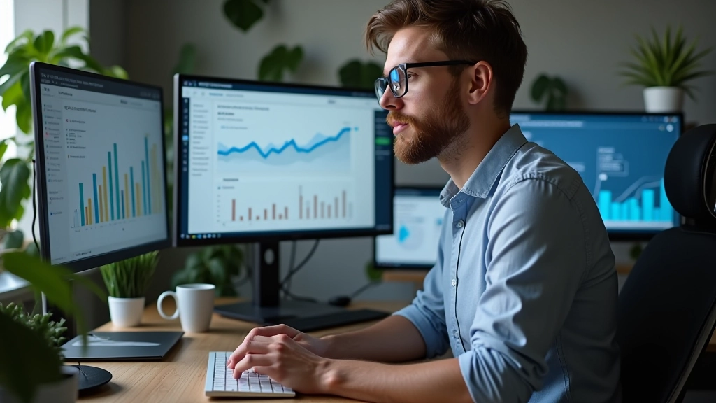 Entrepreneur travaillant avec plusieurs écrans affichant des tableaux de bord analytiques