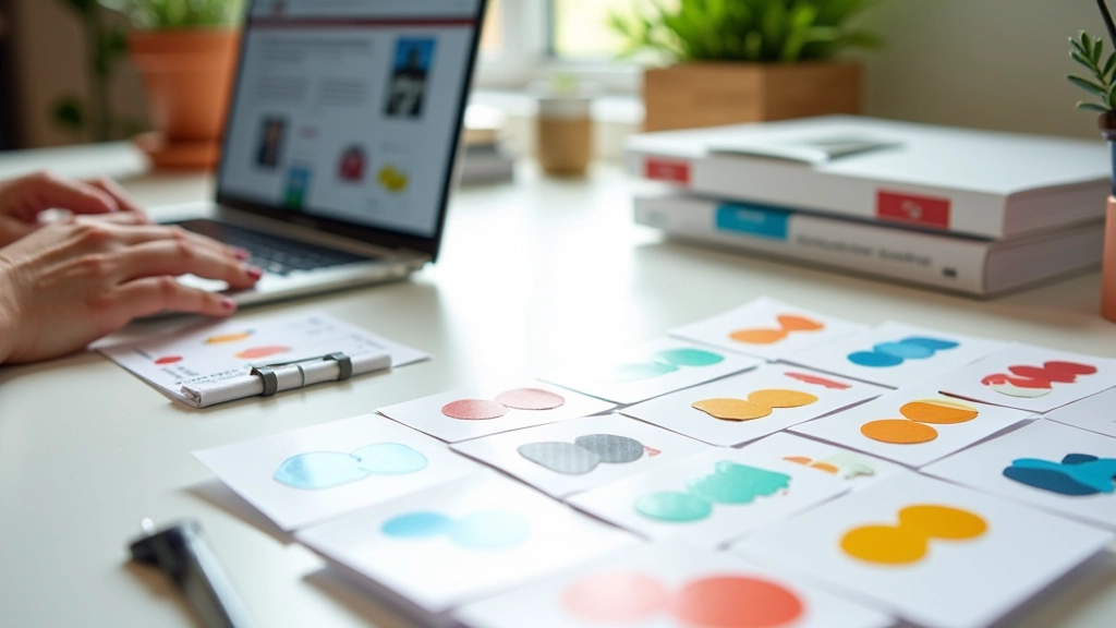 Espace de travail avec produits colorés organisés, ordinateur portable et notes de sourcing