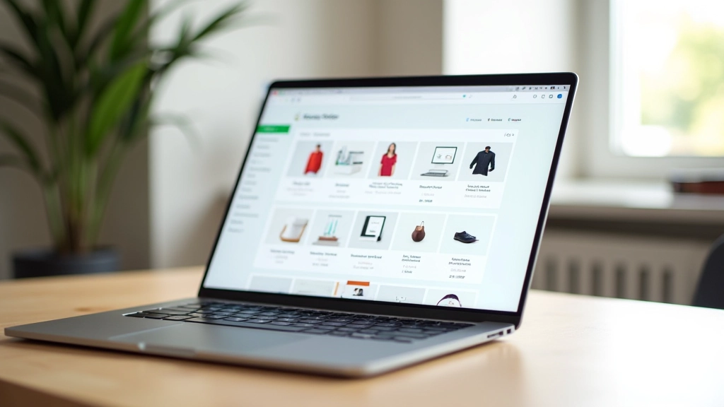 Ordinateur portable affichant une boutique Shopify avec des produits colorés