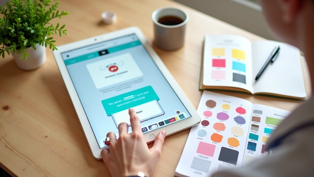 Processus de création de template Canva avec outils de design, palettes de couleurs et éléments vectoriels organisés